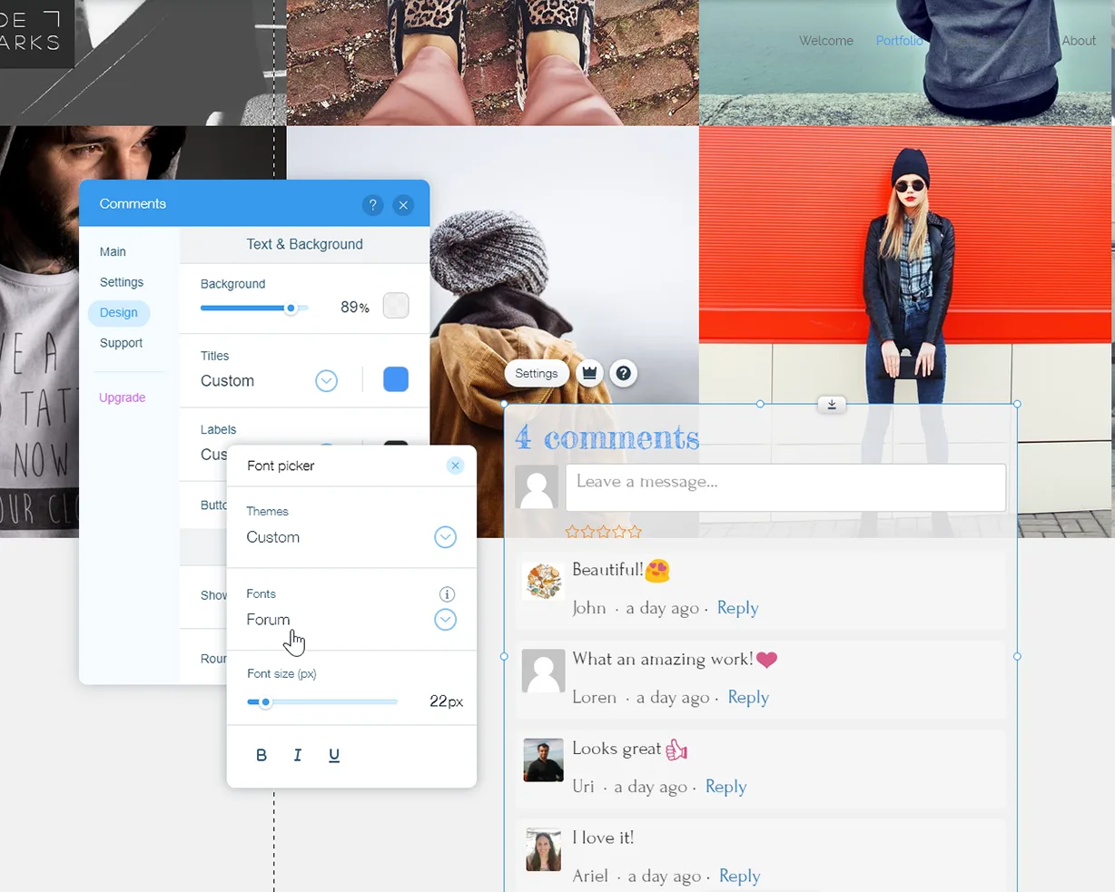 The appearance editor open over a live thread, setting fonts, colours and label text.