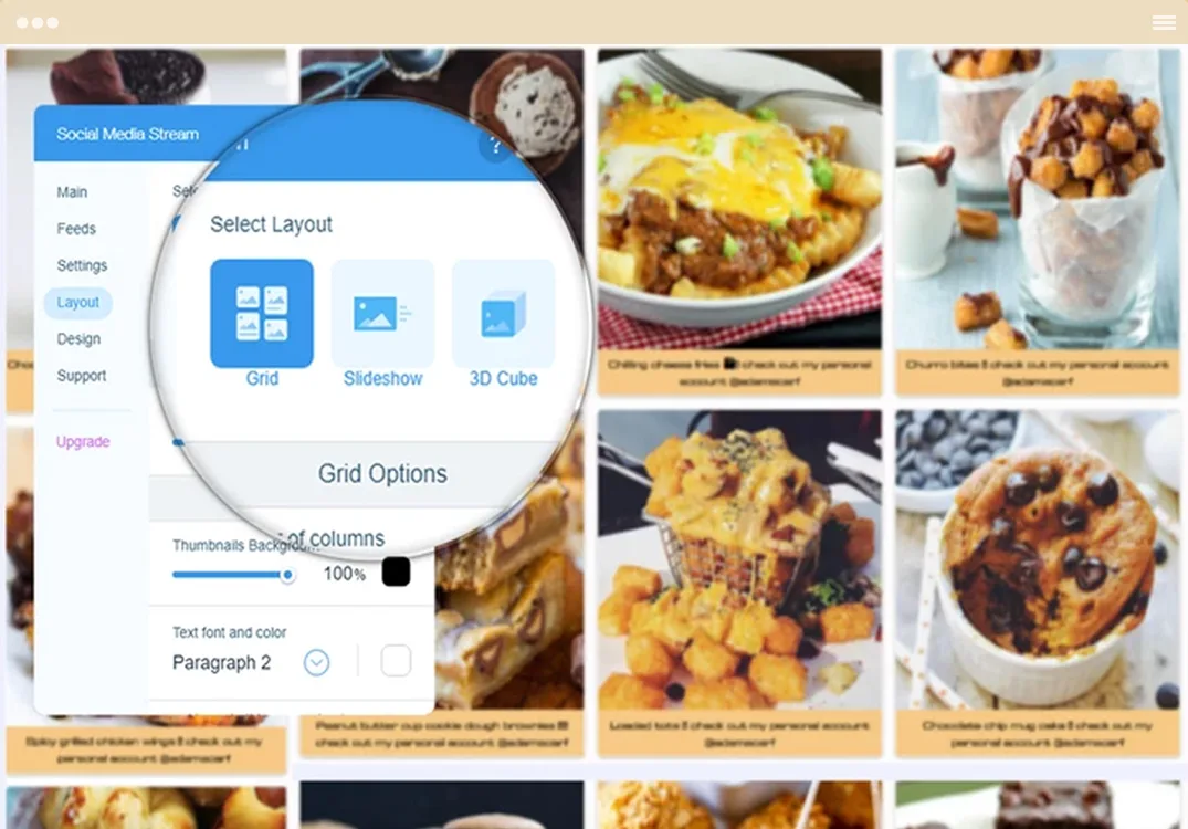 The widget's settings panel open beside the feed, with the grid, slideshow and 3D cube layouts offered.